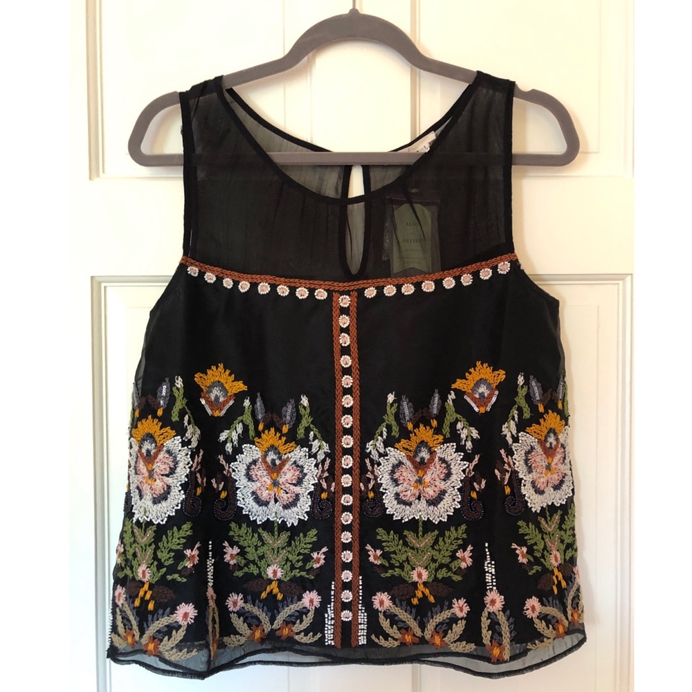 Anthropologie embroidered black floral blouse top